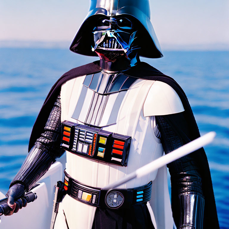 Person in Darth Vader costume with lightsaber by ocean