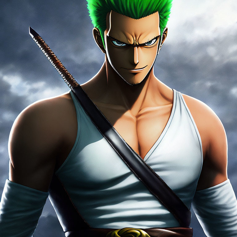 Green-haired character in glasses with sword, stern expression, white top, stormy background