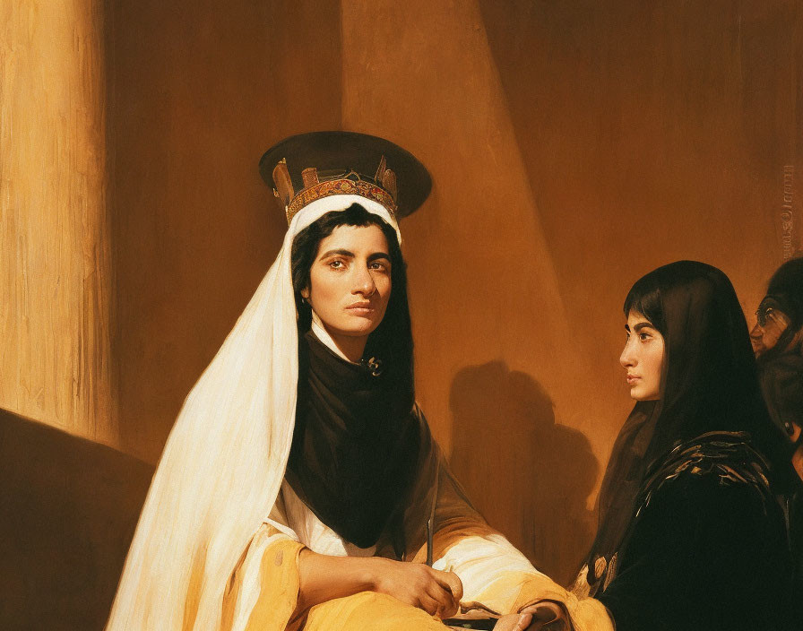 Classic painting of two individuals with contrasting attire and expressions against warm backdrop