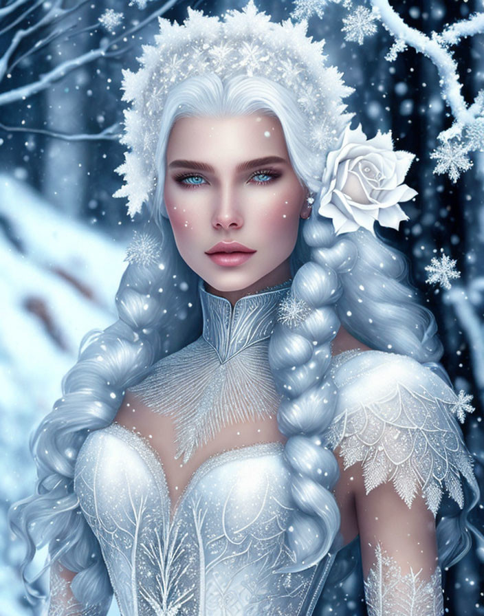 Illustration of pale-skinned woman with ice-blue eyes and white hair in frost-patterned gown against