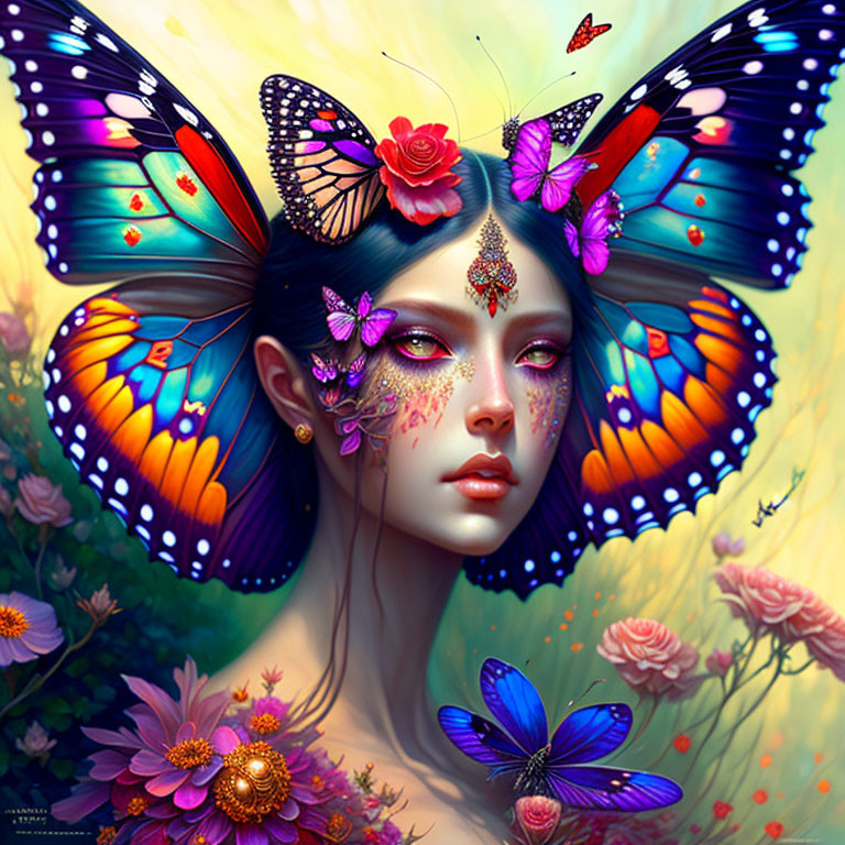 Colorful woman portrait with butterflies and floral elements on soft background