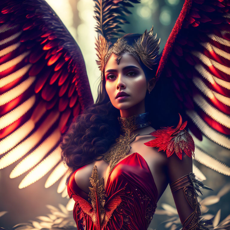 Majestic woman with red wings and regal outfit in forest setting