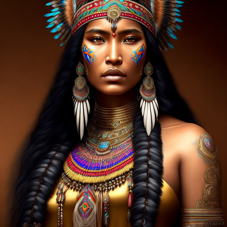 Digital artwork: Woman in Native American headdress, face paint, and beaded jewelry on warm background