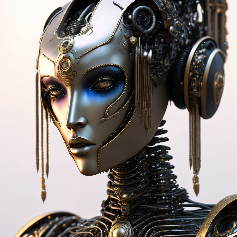 Detailed Female Android with Gold & Black Mechanical Parts