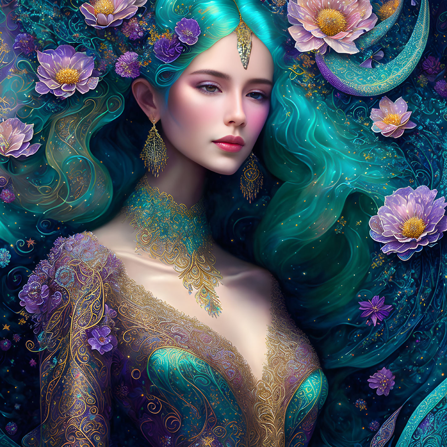 Digital Artwork: Woman with Turquoise Hair and Floral Background