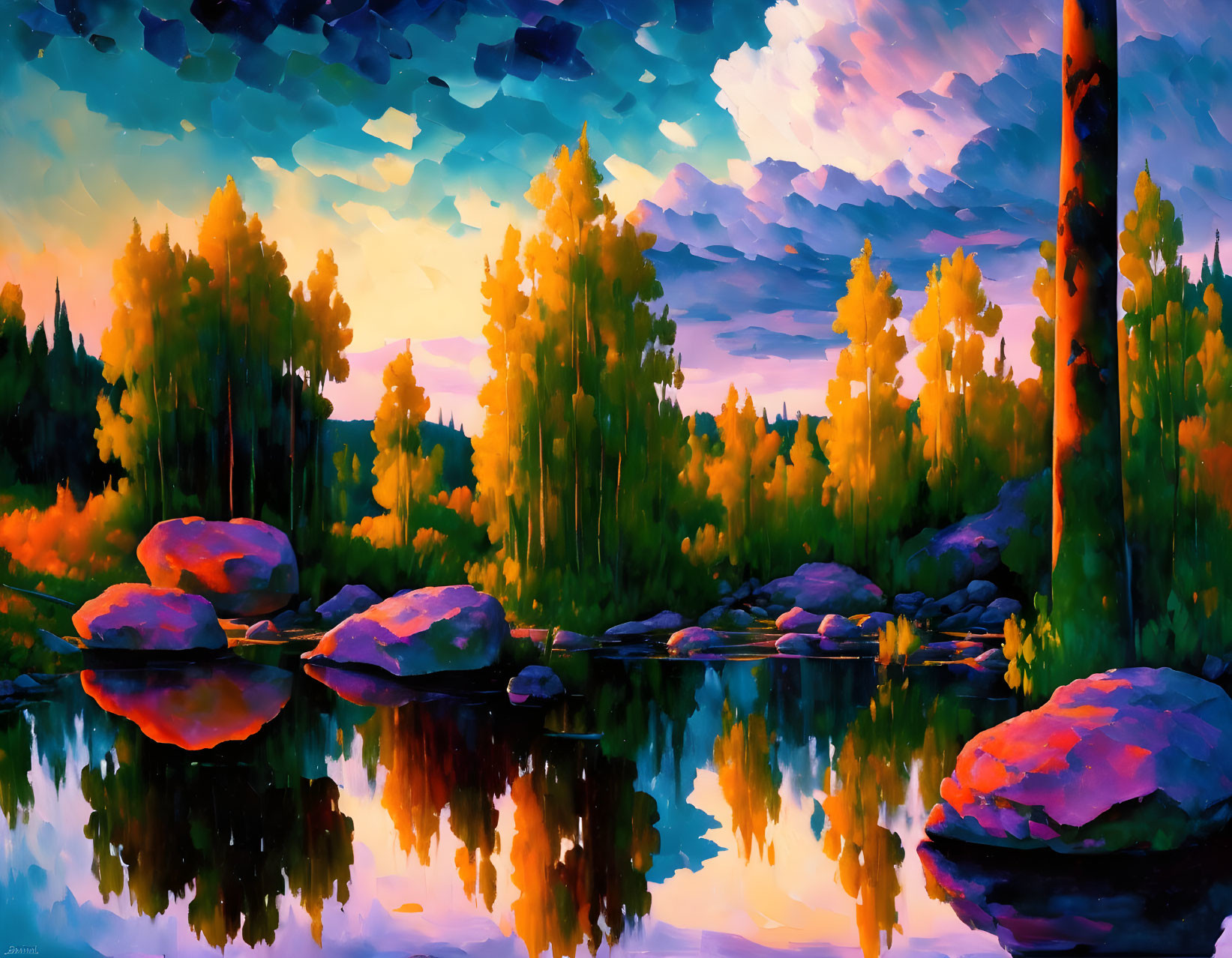 Vivid sunset lakeside painting with rocks, trees, and fluffy clouds