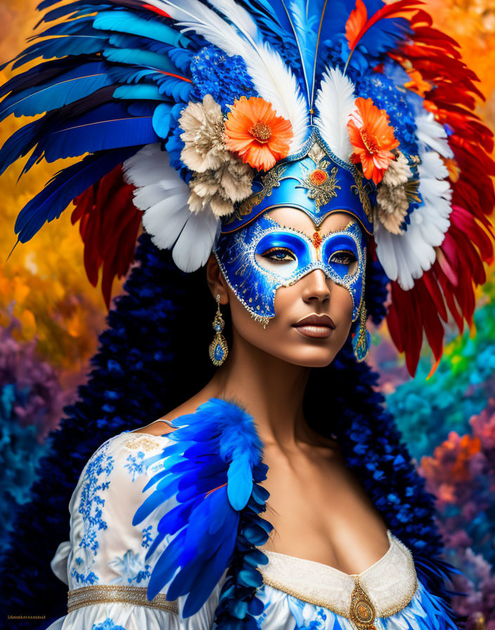 Woman with Vibrant Blue Feathered Headdress and Mask in Floral Setting
