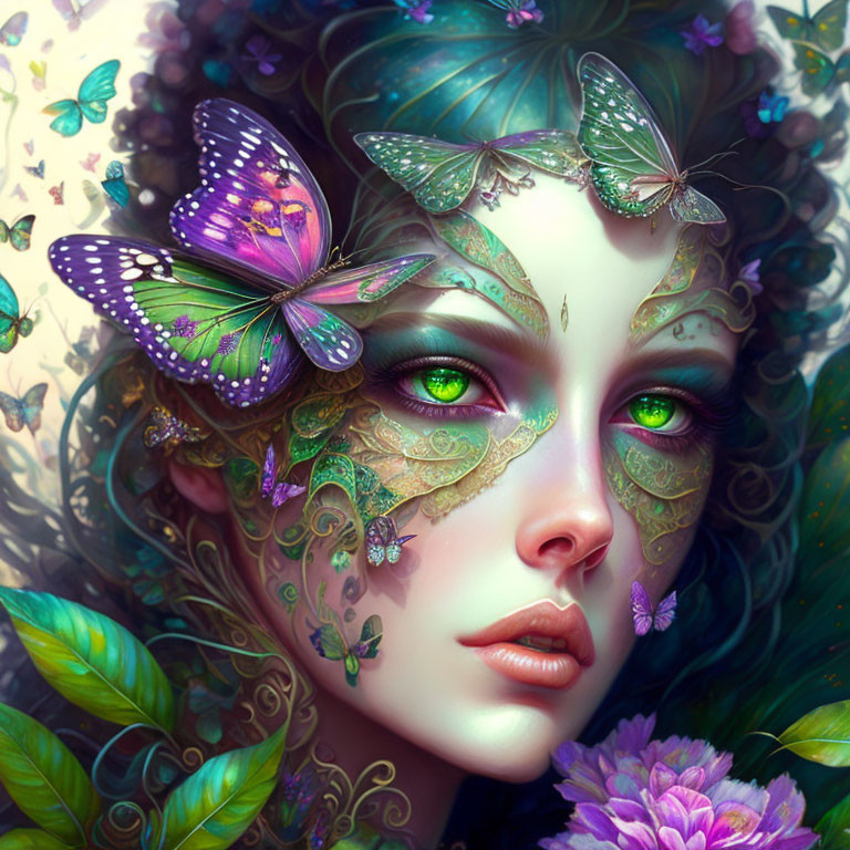 Fantasy Portrait: Woman with Green Hair, Butterfly Motifs, and Floral Elements