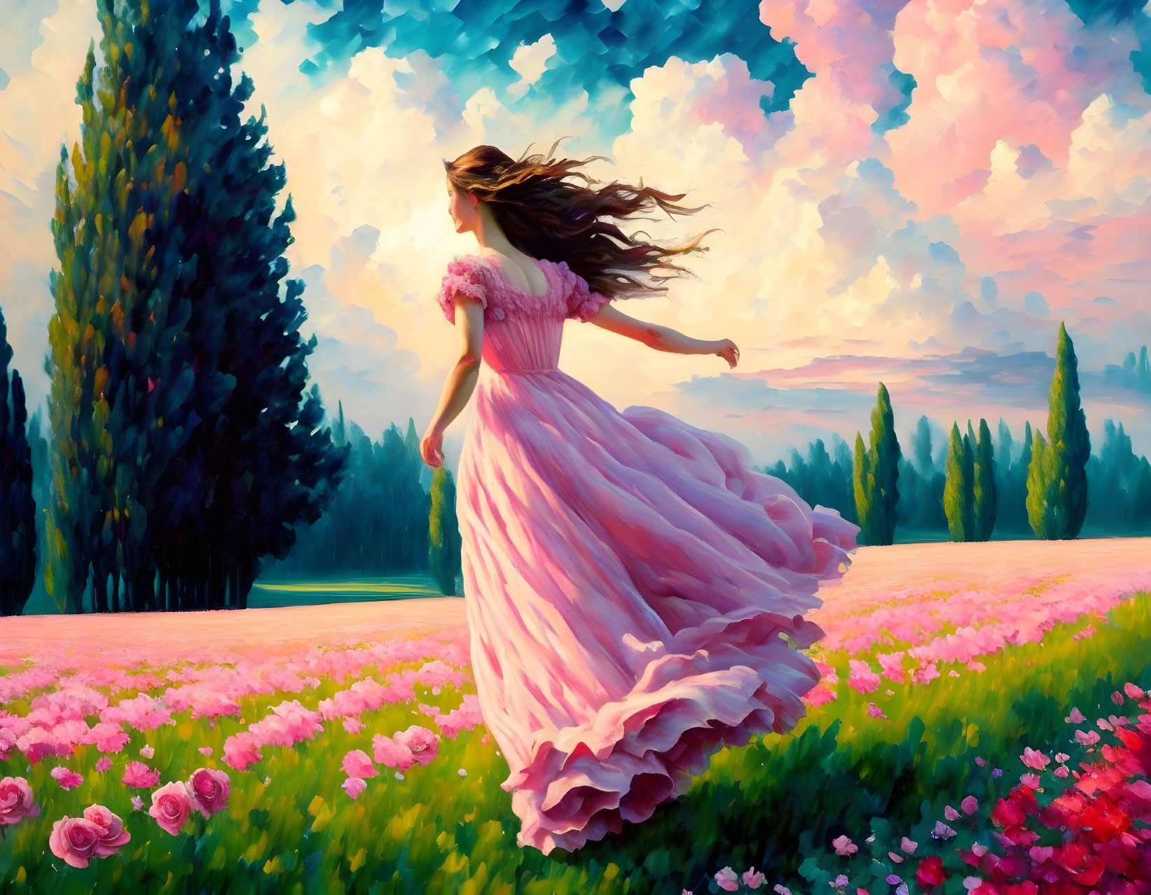 Woman in Pink Dress Running Through Vibrant Flower Field