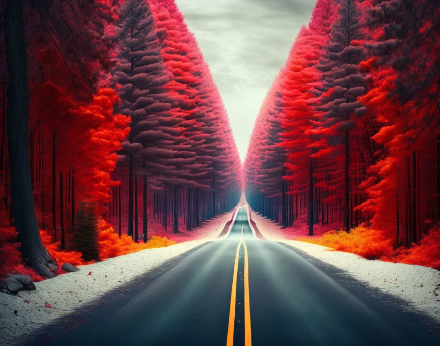 Vibrant red foliage-lined road in dense forest under overcast sky