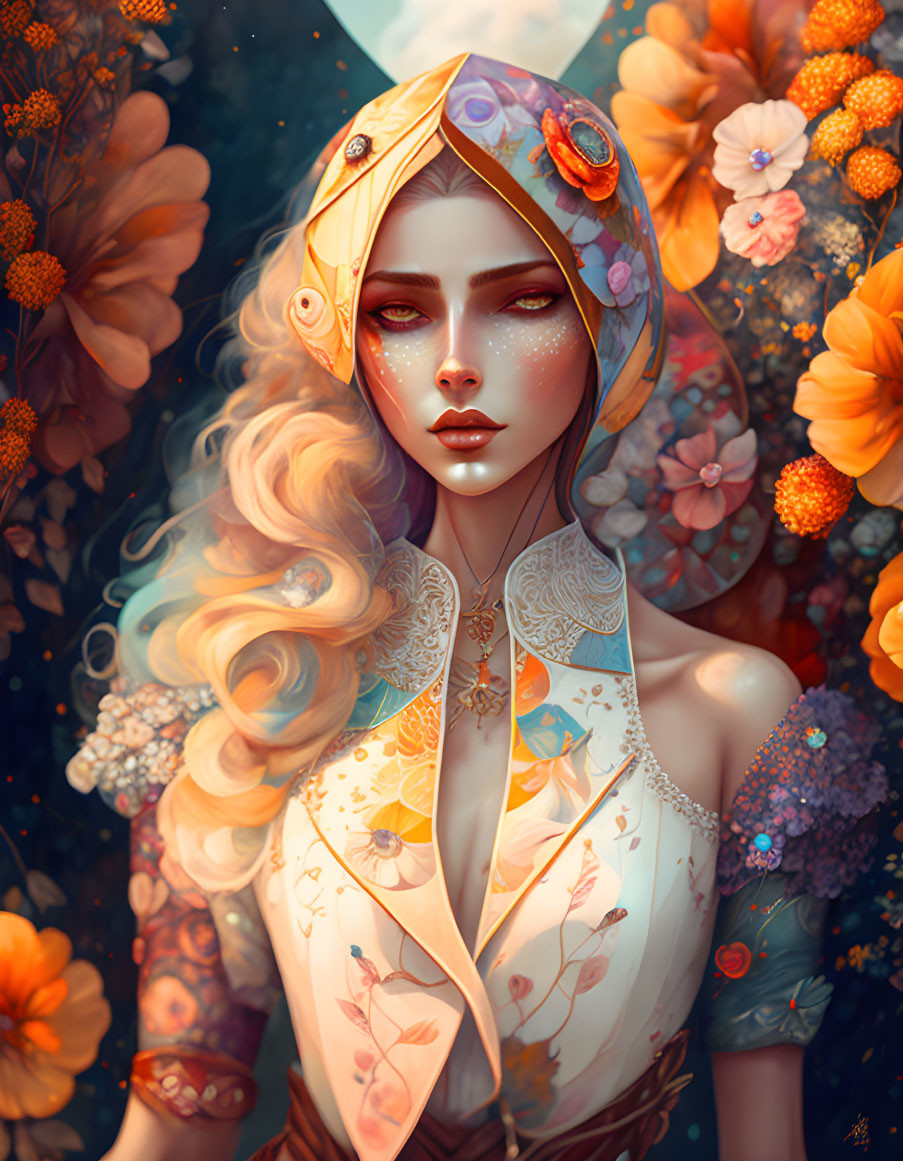 Woman with Golden Hair and Floral Headscarf Among Orange Flowers