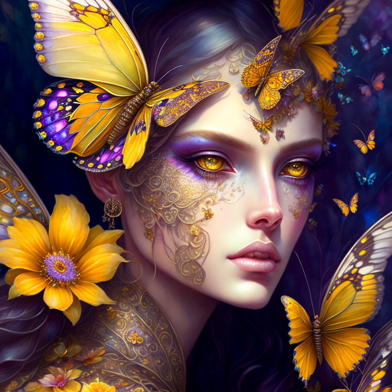 Fantasy illustration of female figure with butterfly motifs and vibrant colors