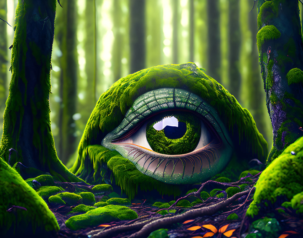 Surreal image of oversized eye in green forest setting