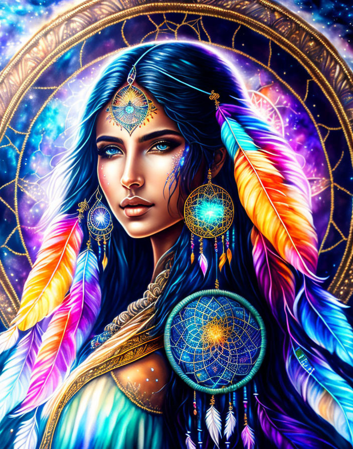 Colorful woman with blue skin and cosmic background, adorned with gold and feathers.