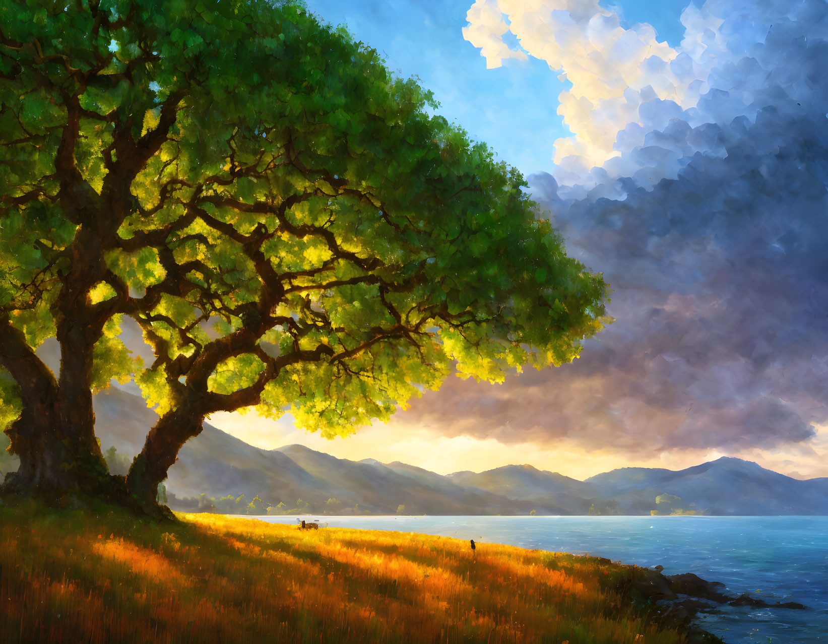 Majestic tree painting with sunlight, lakeside, rolling hills