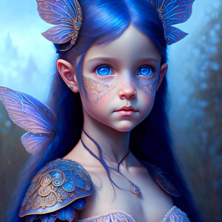 Fantasy blue-themed young fairy with butterfly wings in misty forest