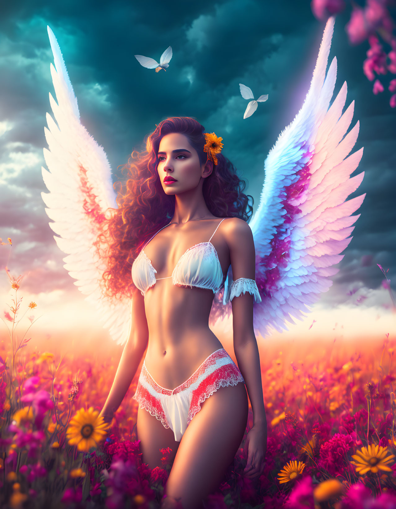 Woman with white wings in surreal wildflower scene under dramatic sky