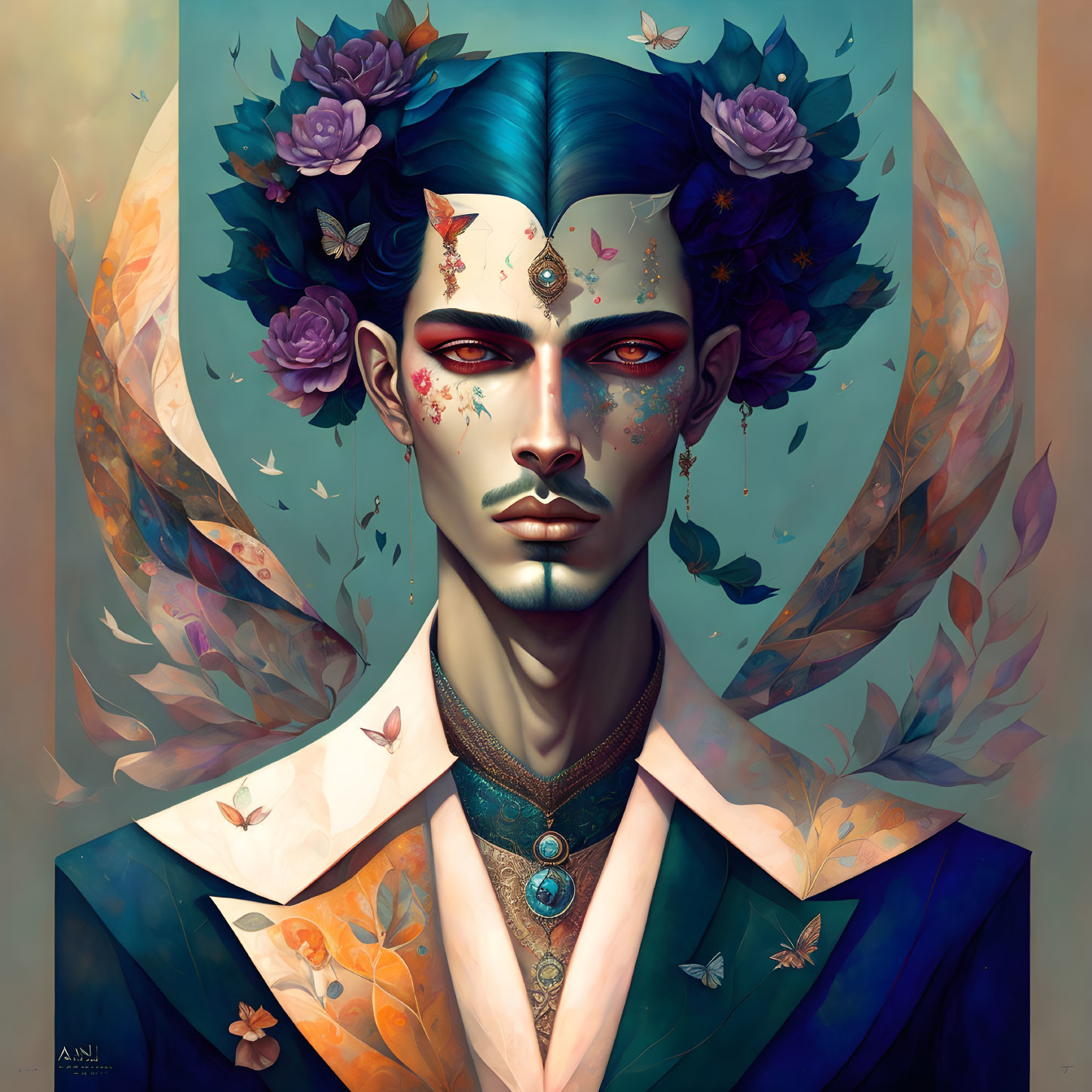 Stylized Male Figure with Blue Hair and Floral Adornments