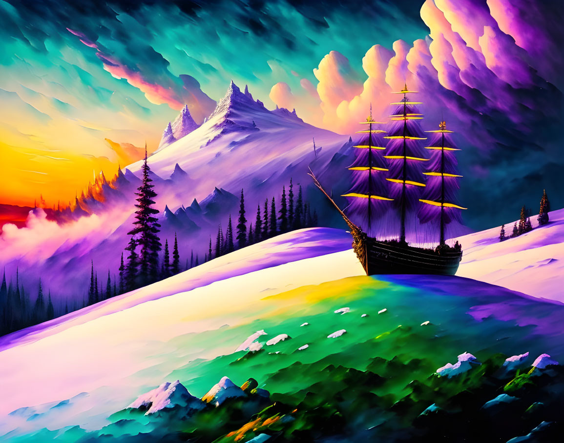 Colorful painting of stranded sailing ship on snowy hill with purple clouds and mountain peak