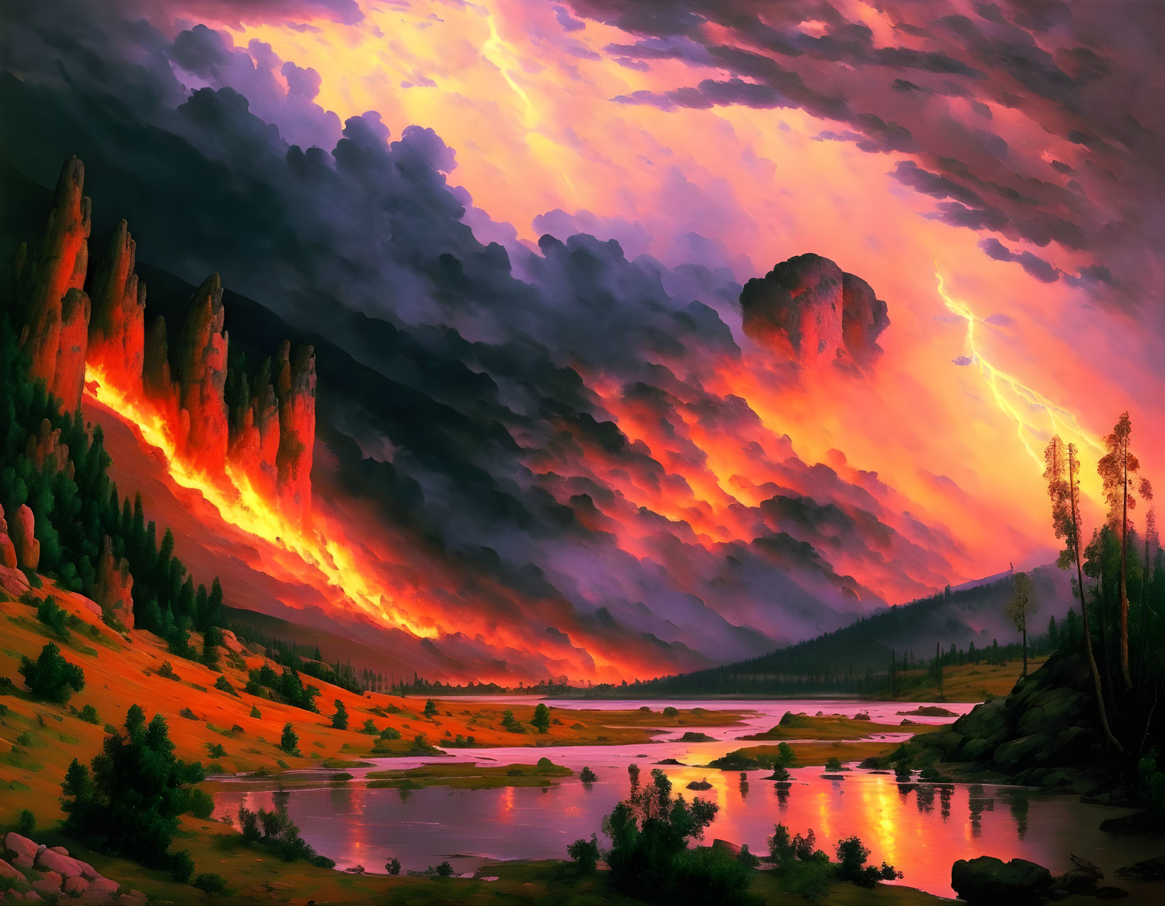 Dramatic landscape with fiery sky, rock formations, river, greenery