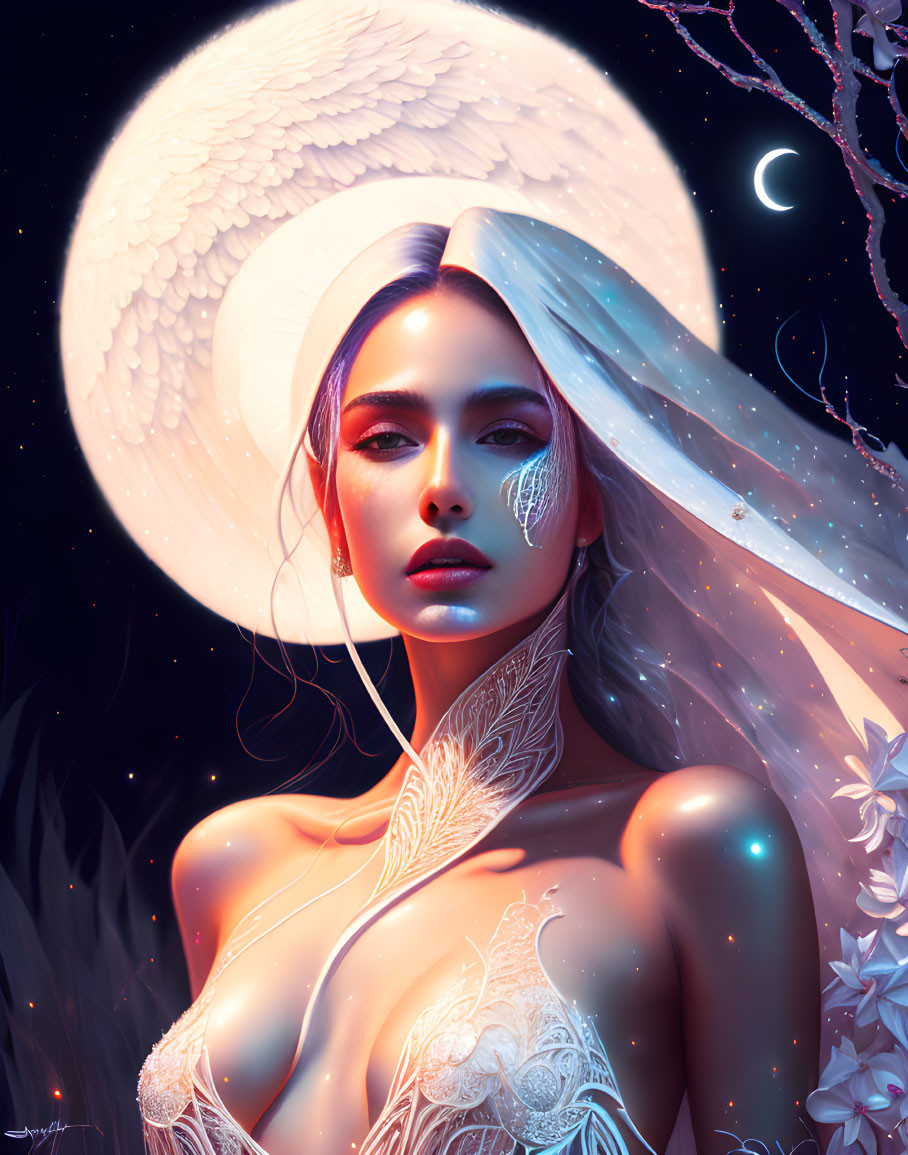 Digital Artwork: Woman with Ethereal Glow and Moon Backdrop