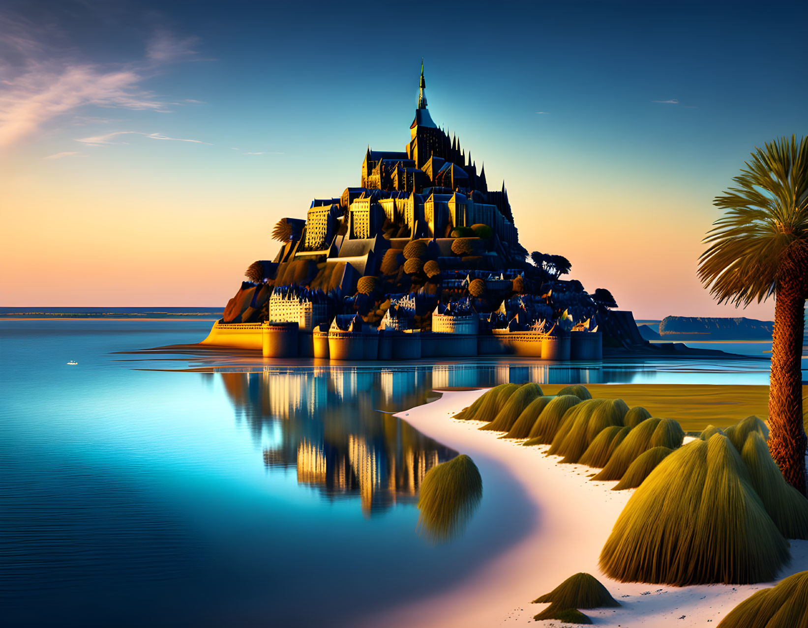 Fantastical castle on lush island with palm trees reflecting in tranquil sunset waters