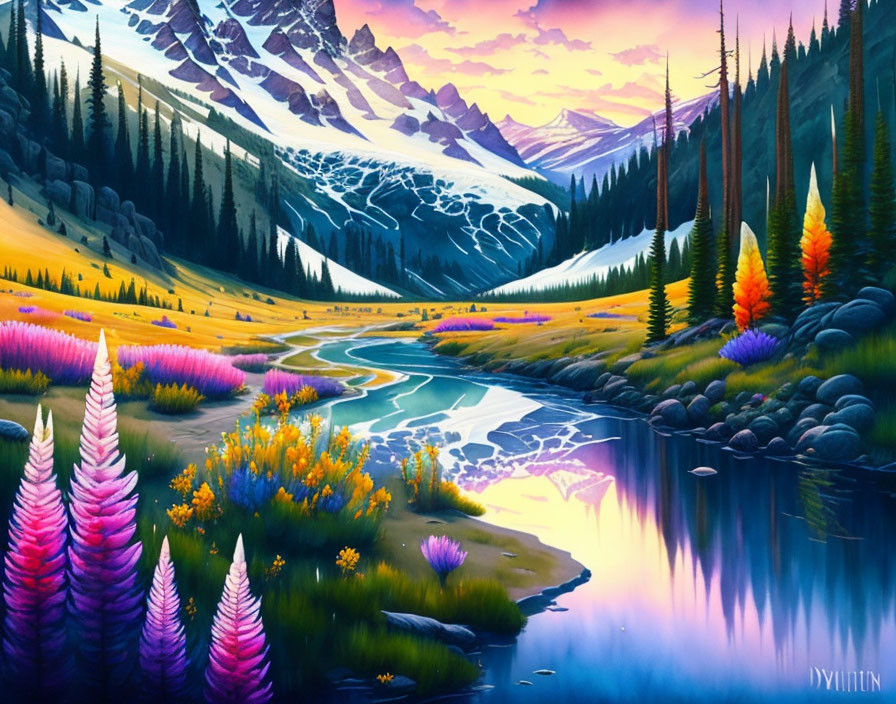 Colorful landscape painting: river, flora, mountains, sunset sky