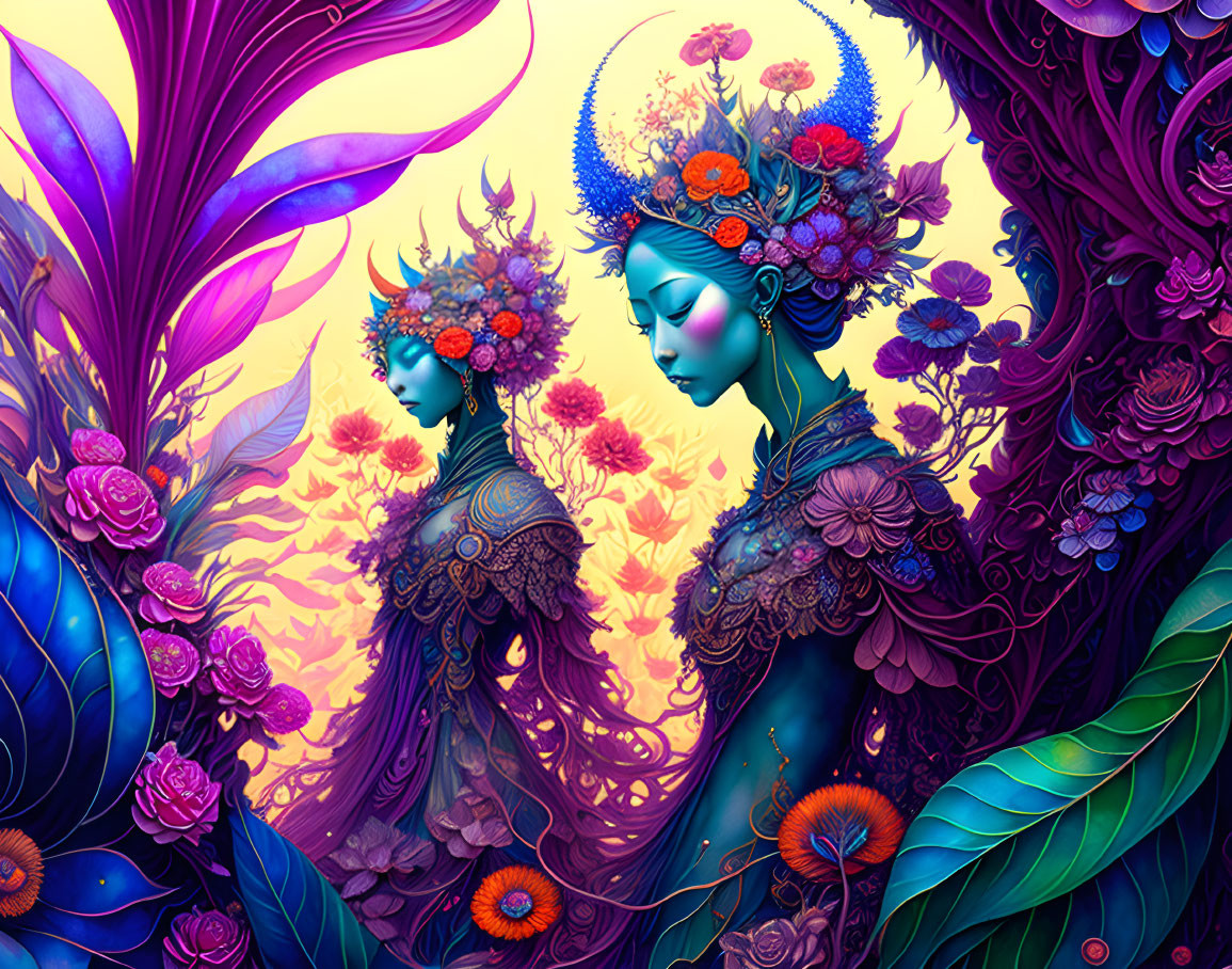 Stylized female figures with floral headdresses in vibrant botanical scene