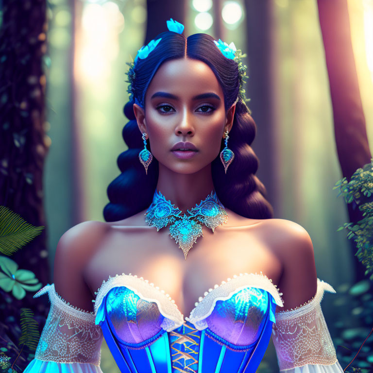 Woman in Intricate Blue Dress with Braided Hair in Mystical Forest