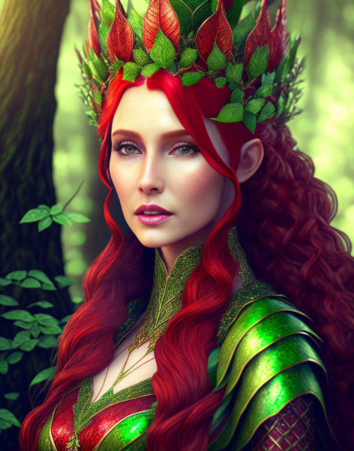 Red-Haired Woman in Green Armor and Leafy Crown Standing in Forest