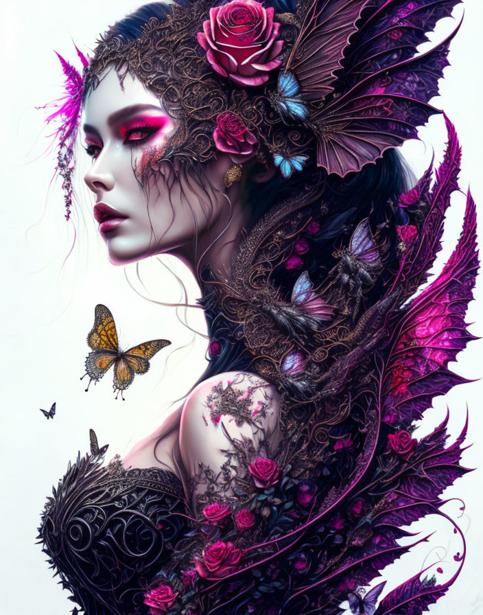 Detailed portrait of woman with dark and pink floral headpiece, butterfly accents, tattooed arm, and