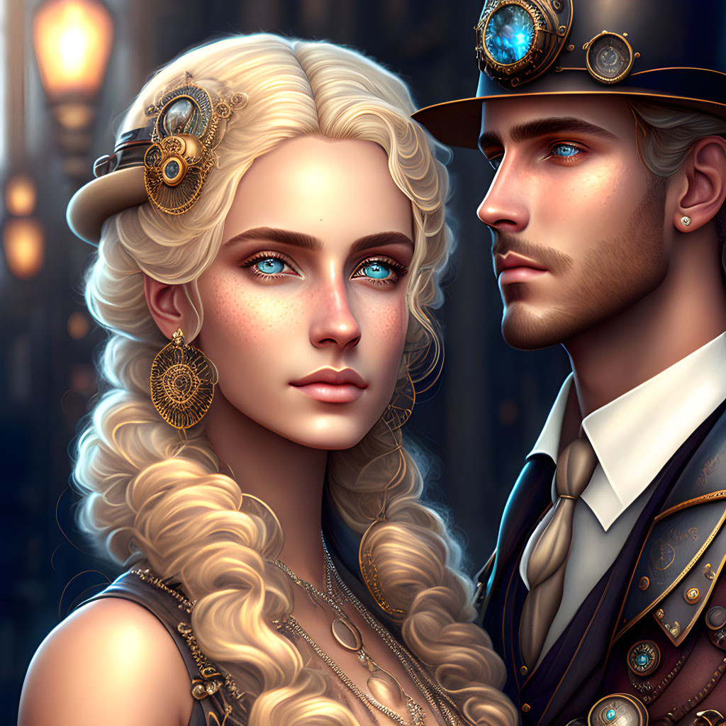 Steampunk-themed couple digital illustration with intricate attire and mechanical details