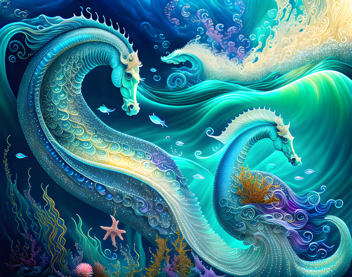 Colorful digital artwork of sea dragon-like creatures in ocean waves