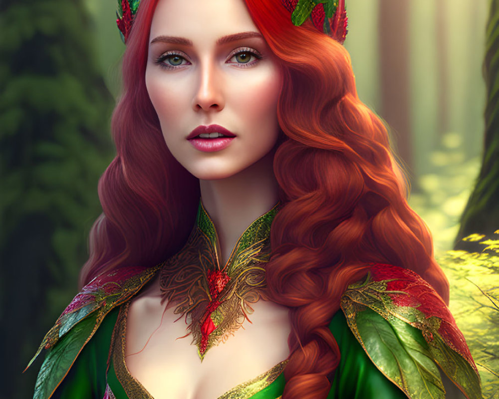Digital art portrait of woman with red hair and leafy crown in enchanted forest