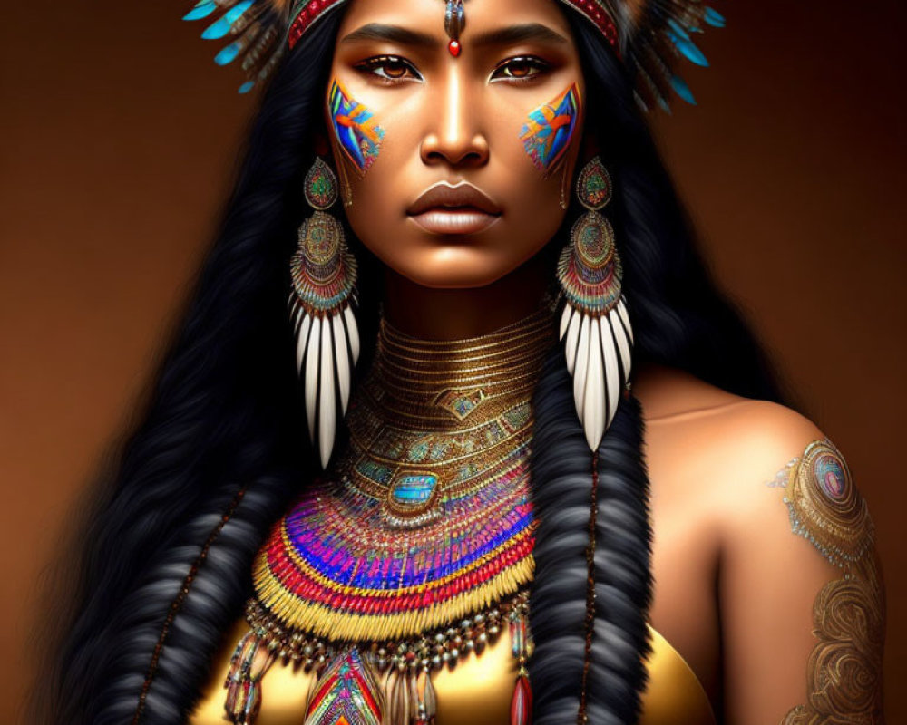 Digital artwork: Woman in Native American headdress, face paint, and beaded jewelry on warm background