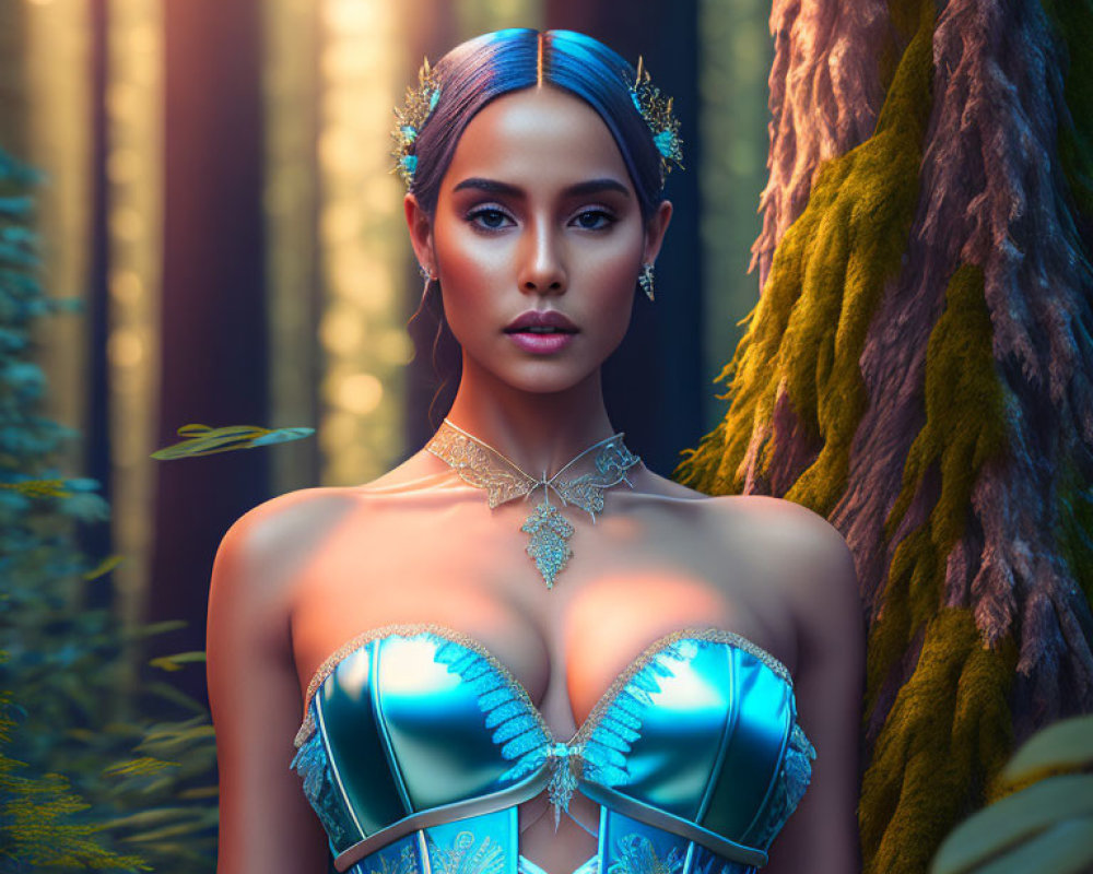 Woman in ornate blue headpiece and corset in mystical forest with sunlight filtering through tall trees