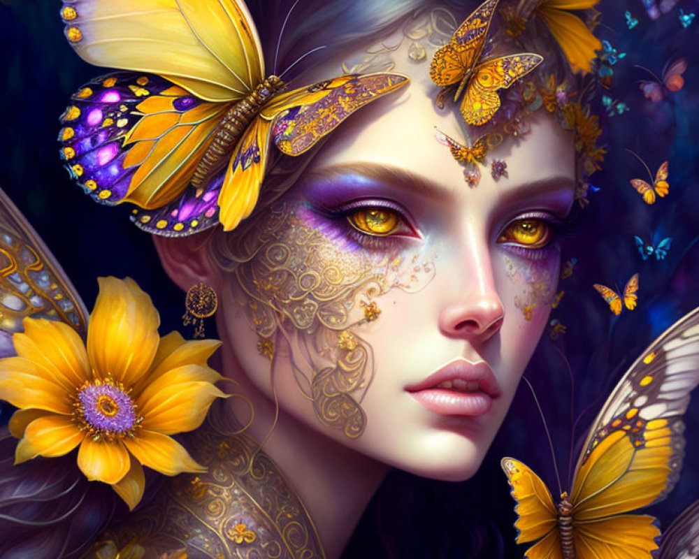 Fantasy illustration of female figure with butterfly motifs and vibrant colors