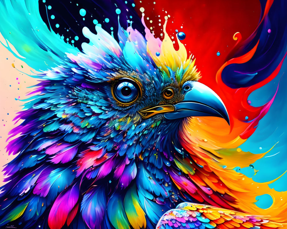 Colorful Bird Artwork with Blue Plumage and Rainbow Hues on Red and Yellow Swirls