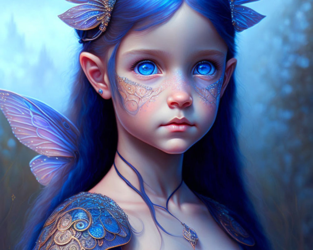 Fantasy blue-themed young fairy with butterfly wings in misty forest