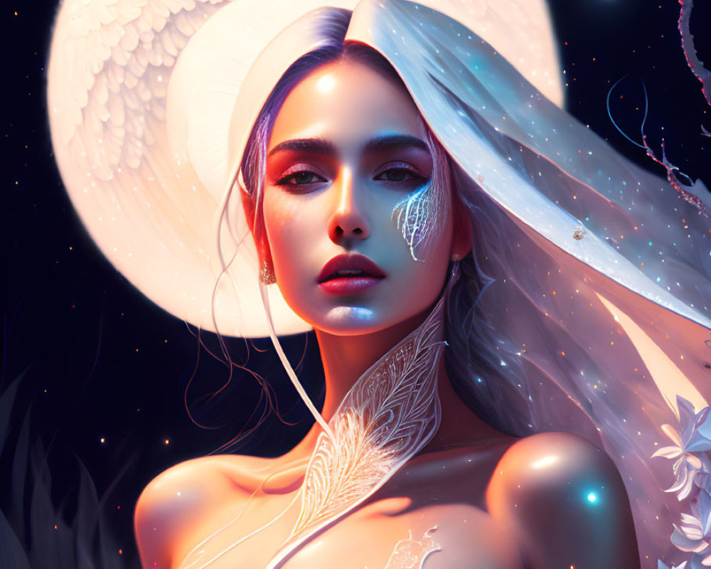 Digital Artwork: Woman with Ethereal Glow and Moon Backdrop