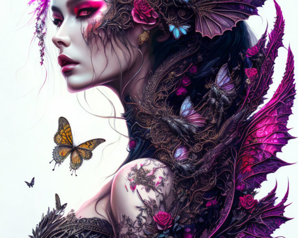 Detailed portrait of woman with dark and pink floral headpiece, butterfly accents, tattooed arm, and