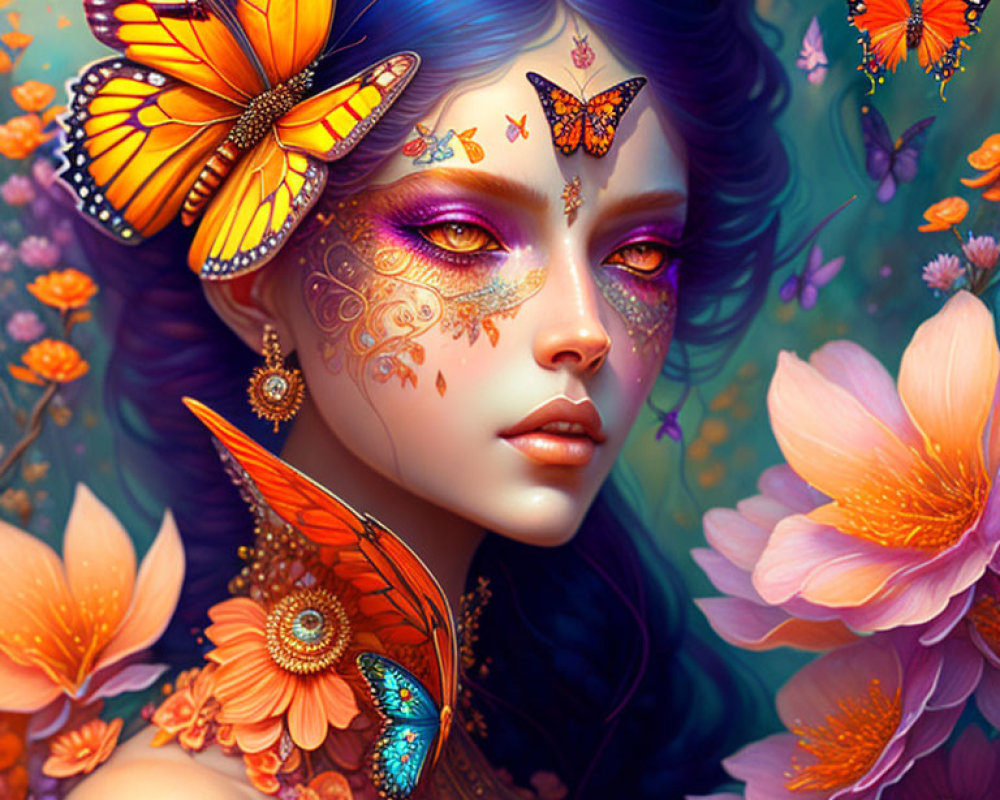 Fantasy illustration of woman with butterfly wings, intricate facial decorations, surrounded by flowers.