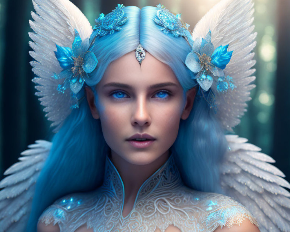Fantasy portrait: Woman with blue hair, feathered wings, floral headpiece in ethereal forest