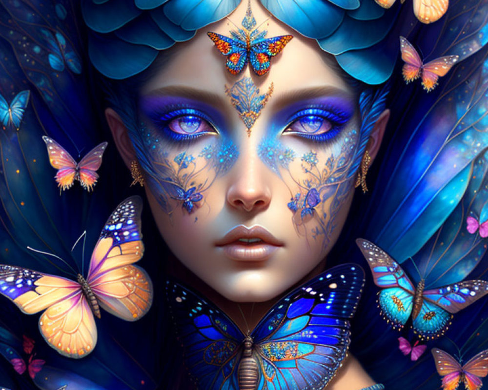 Fantasy illustration of woman with blue butterfly makeup and ethereal aura