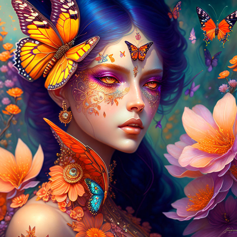 Fantasy illustration of woman with butterfly wings, intricate facial decorations, surrounded by flowers.