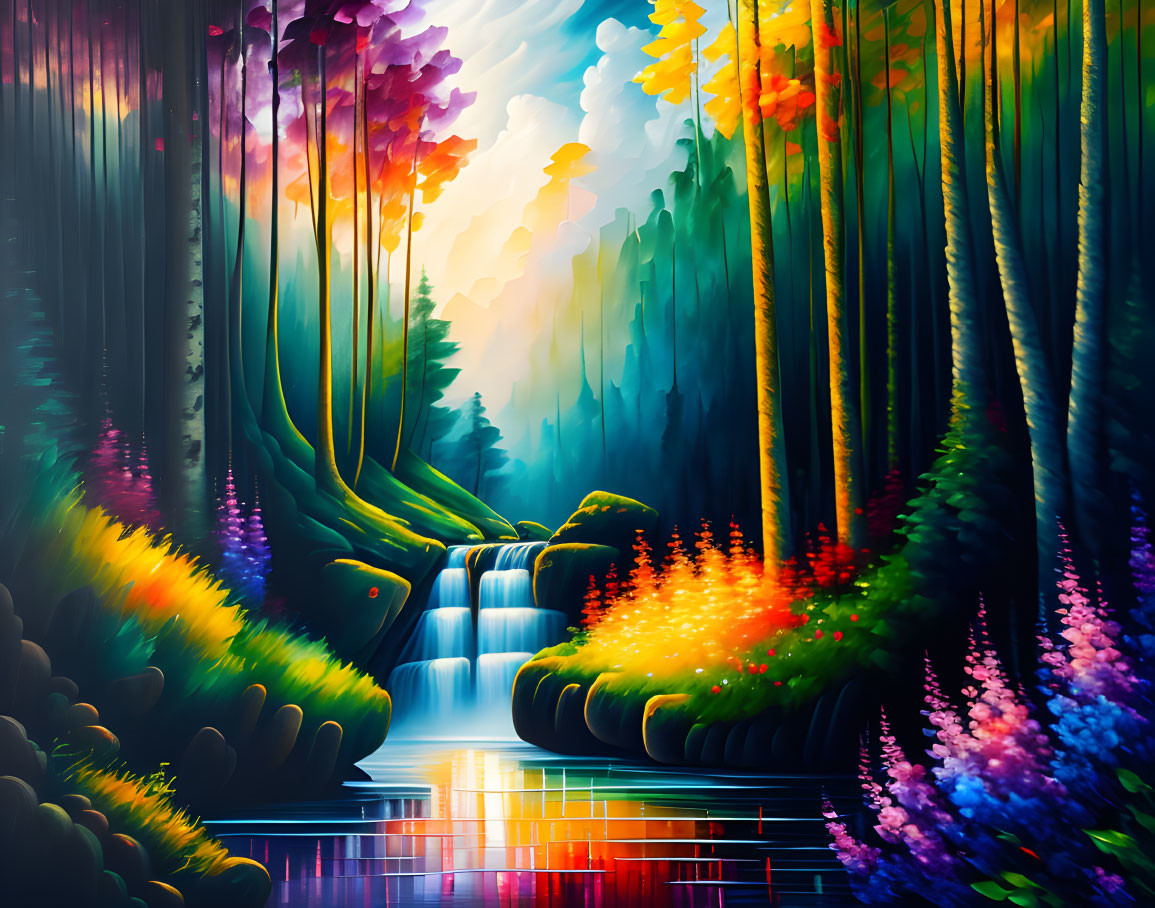 Colorful Forest Waterfall Scene with Lush Flora and River