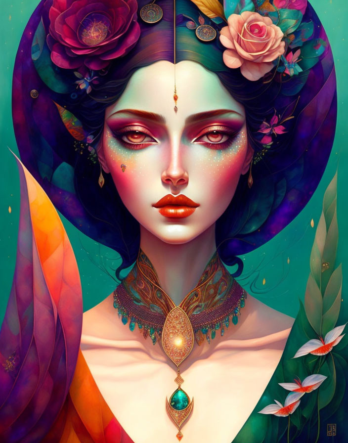 Colorful Woman Illustration with Floral Hair and Ornate Jewelry