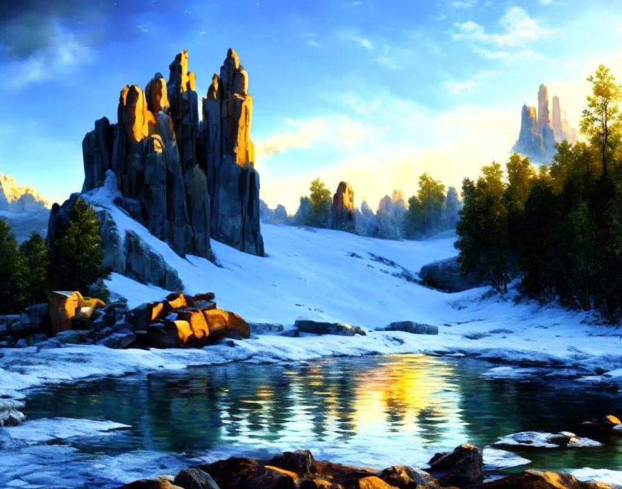 Snow-covered landscape with rock formations and frozen river in golden light