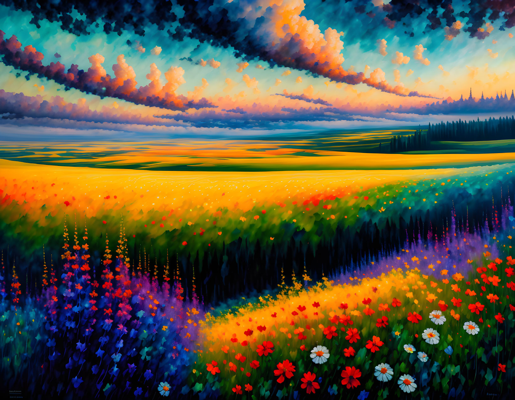 Colorful Flower-Filled Meadow Painting at Sunset