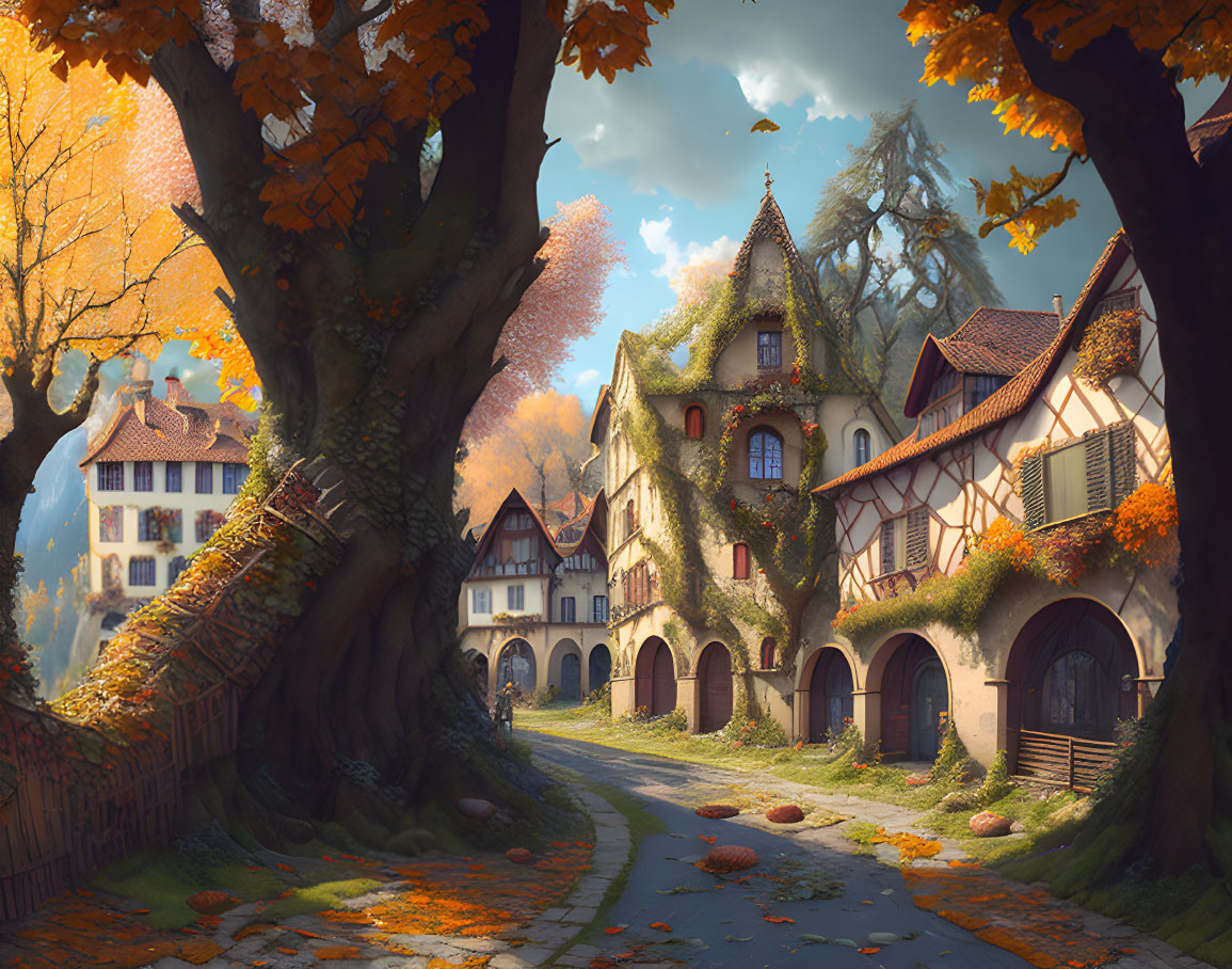 Scenic autumn village with quaint houses and cobblestone road